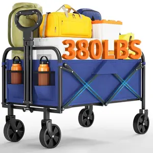 Wagons Carts Foldable 380 LBS, Utility Collapsible Wagon with All-Terrain Wheels, Drink Holders & Adjustable Handle, for Shopping, Camping, Blue