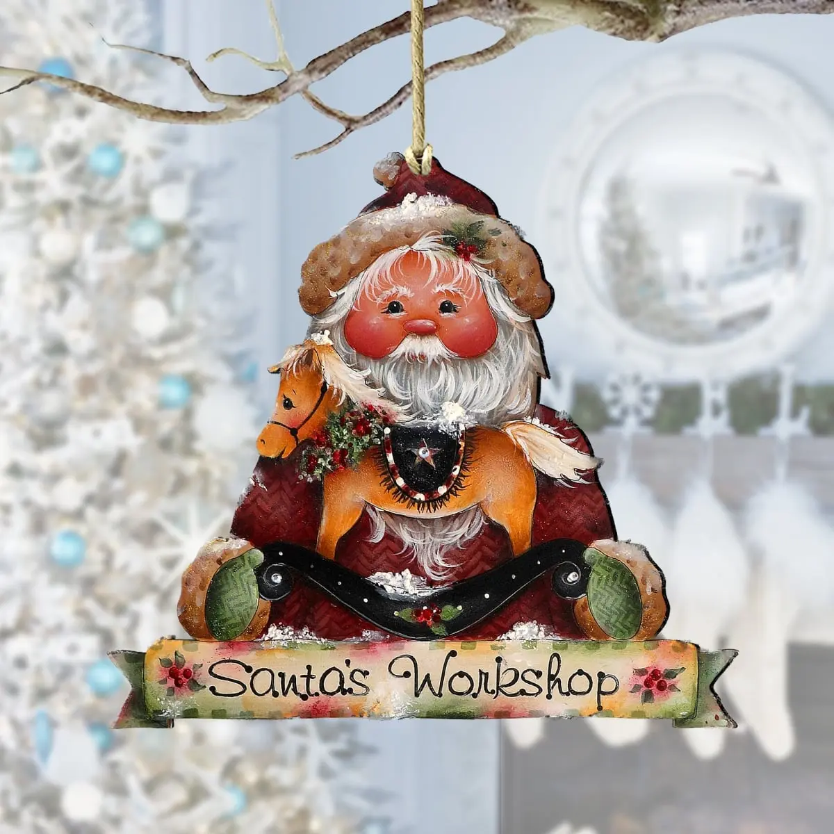 Designocracy 8611068-2-MP Hand-Crafted Artistic Wooden Vintage Christmas Ornaments (5x5.5x0.25 in Santas Workshop Santa & Snowman Pieces) - UV-Resistant, Outdoor-Friendly Home & Gift Decor, Festive Accessory with Gift Bag, Artistic Detail
