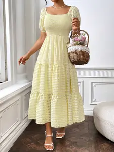 Summer Sexy Square Neckline Puff Short Sleeve Dress