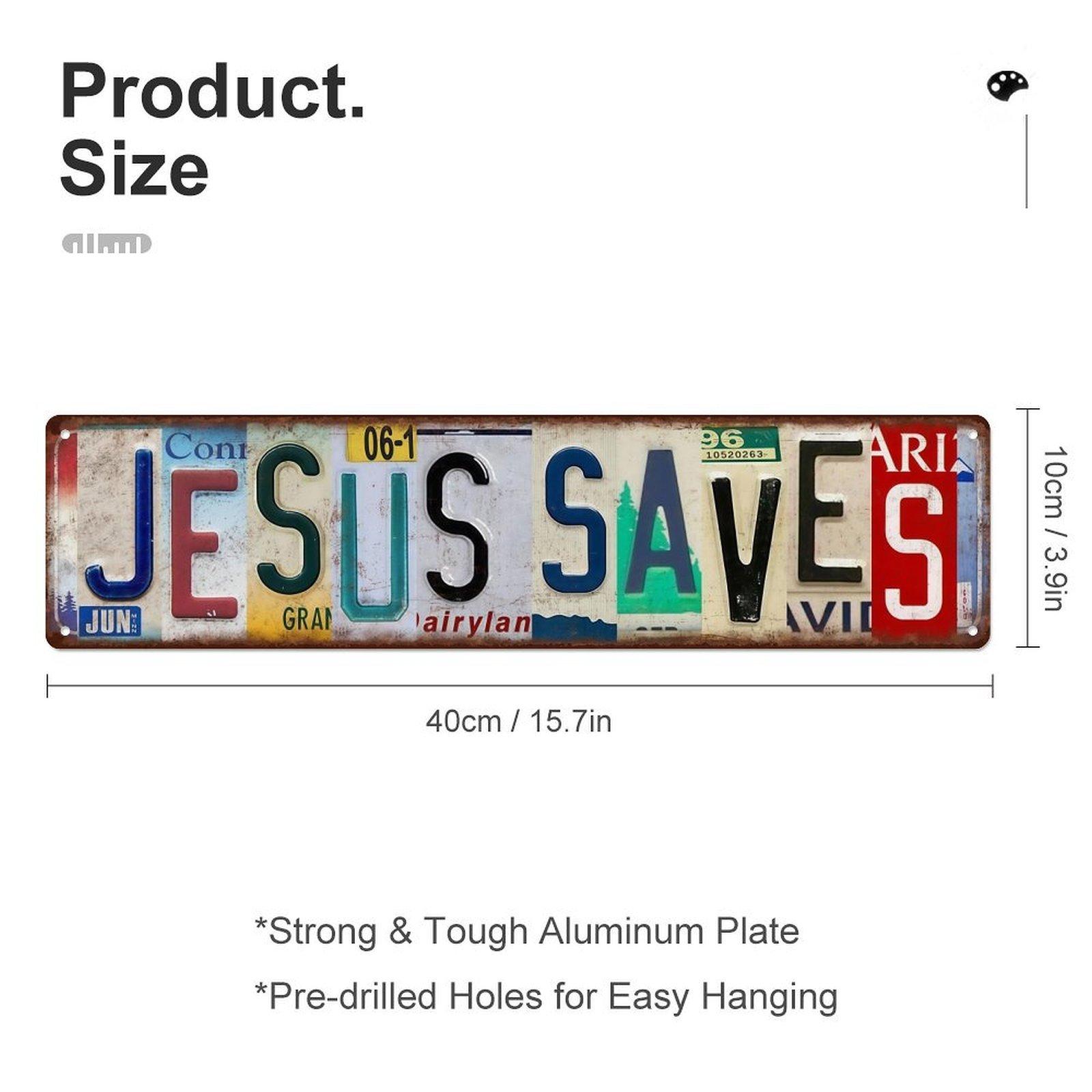 16×4 Inch Jesus Saves Vintage Metal Sign, Retro License Plate Style Christian Aluminum Wall Decor, Pre-drilled Religious Wall Art for Home Garage