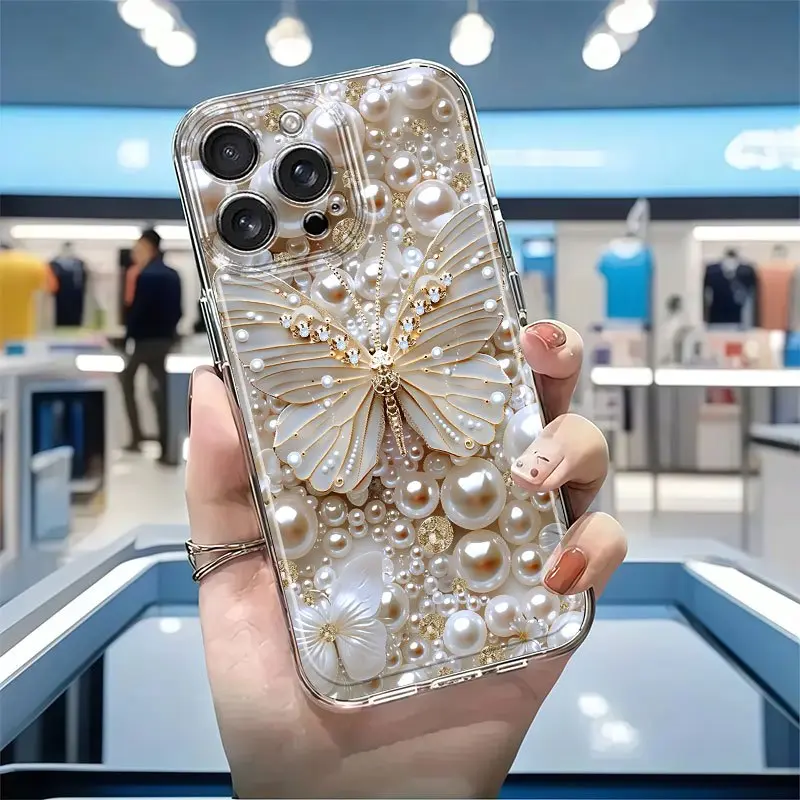 Butterfly Dance & Pearl Charm TPU Phone Case for iPhone 17,17 Air,16,15,14,13,12,11,Pro Max,X,XS,XR,XS Max,7,8,6,6S Plus - Transparent, Cartoon, Drop-Proof, Shockproof, Full-Coverage Soft Case for Smartphones, Handheld Cellphone Devices