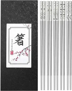 Metal Chopsticks Reusable 5 Pairs 18/8 Stainless Steel Chopstick Beautiful Engraving Patterns Dishwasher Safe Non-Slip Japanese Korean Chop Sticks Gift Set Cutlery Tableware Birthday Engraved Sturdy