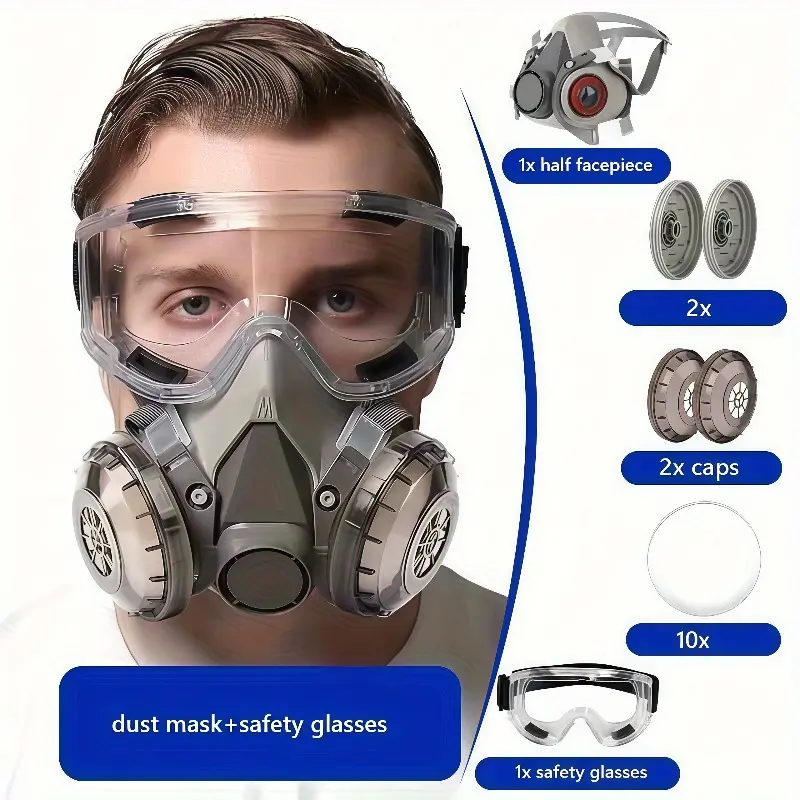 16-In-1 Reusable Half-Face Anti Dust Mask with Filter, Ideal for Painting & Welding, Asbestos Protection, Smoke Safety, Renovation Use, Protective Respirator, Safety Glasses Goggles, Dustproof Safety Mask, Safety Equipment