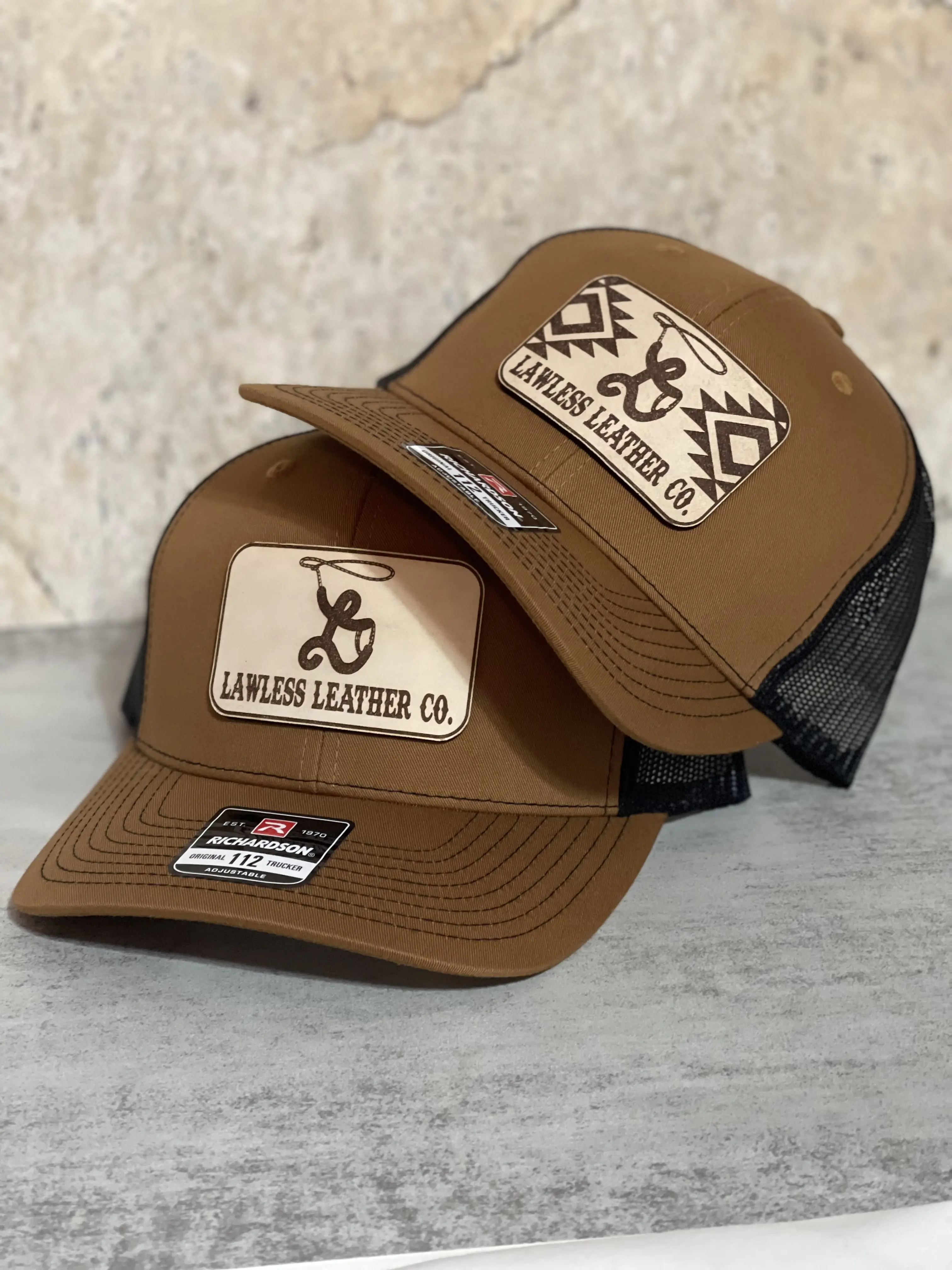 Caramel & Black Leather Patch Hat, Lawless Leather Company, Baseball Cap, Aztec, Richardson 112. Snapback