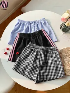 3 pieces, Y2K American street black and white checkered pattern+4 side bars+striped casual shorts, multiple combinations to choose from, loose and comfortable fit, suitable for women's summer home and sports exercise wear