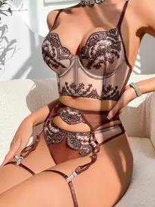 Women's Sexy Mesh Embroidered Garter Lingerie Set, Embroidery, 5-Piece Slim-Fitting Suit, All Seasons Fashion, Elegant and Stylish Underwear Collection