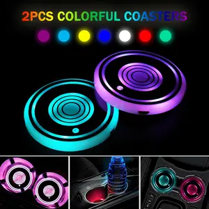 LED Cup Holder Lights 2Pcs Car Mats with USB Function, 7 Color Options, and Light-Up Feature for Interior Decorations