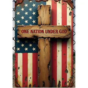 Vintage Embossed Tin Sign 8x12 Inches Rustic Wooden Cross with One Nation Under God American Flag Metal Decor for Patriotic Homes Porches Garages Bars and Gardens