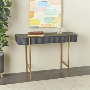 Black Wooden Rounded Rectangular Fluted Living Room Console Table with Gold Metal Legs