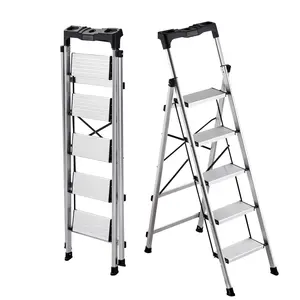 5-Step Folding Aluminum Ladder With Wide Anti-Slip Pedals, Comfortable Handgrip, 330-Pound Capacity, Portable Multi-Use Stepladder For Kitchen, Home, Garage, Office And Warehouse, Lightweight Silver