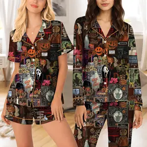 Women’s Retro Horror Movie Halloween Enjoyer Thri/ller Retro Ghost Pumpkin Short Sleeve Satin Pajama Set, Pajama Nighwear Set for Her