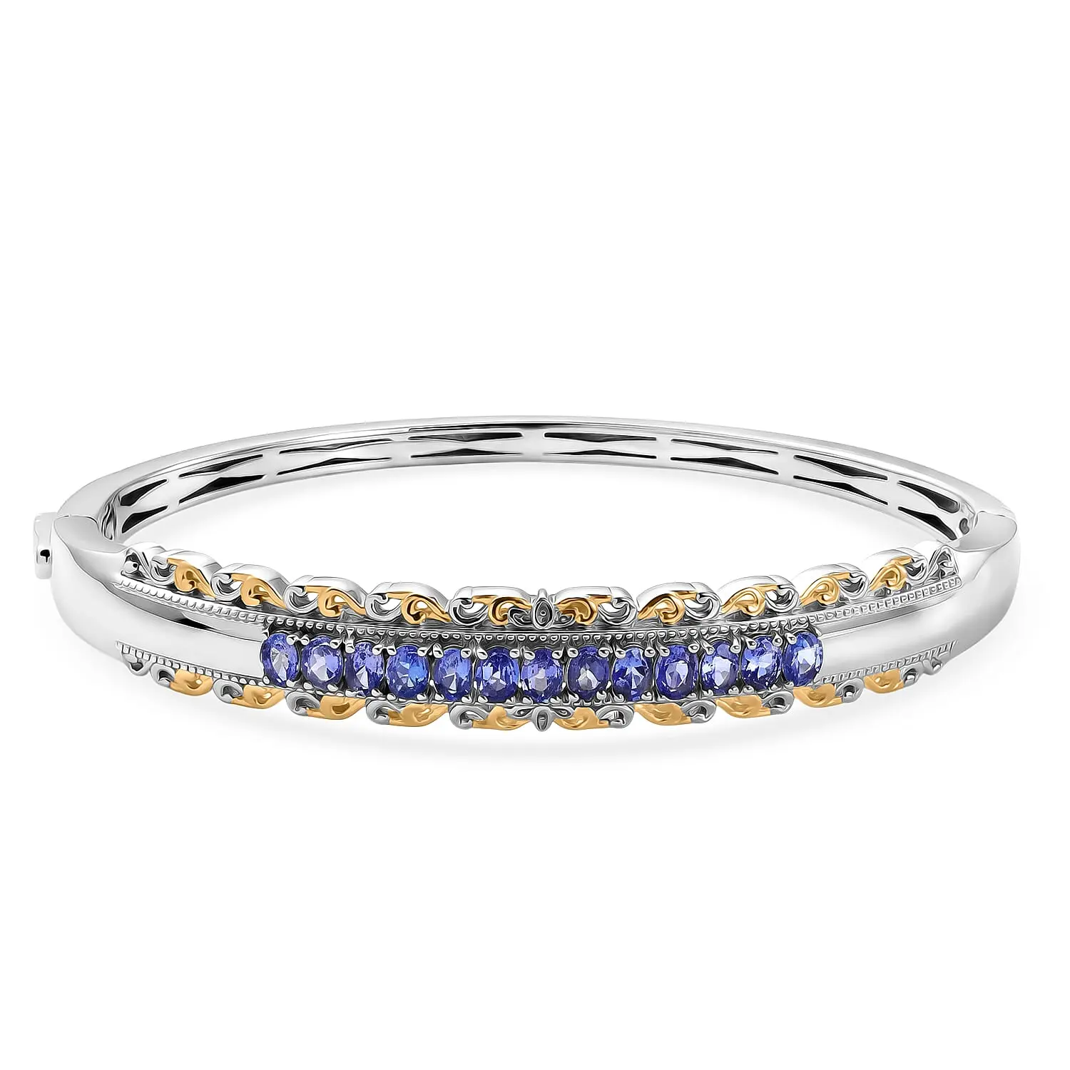 EverTrue Tanzanite Victorian Filigree Bangle Bracelet in 18K YG Plated and Platinum Bond (6.50 In) 2.35 ctw