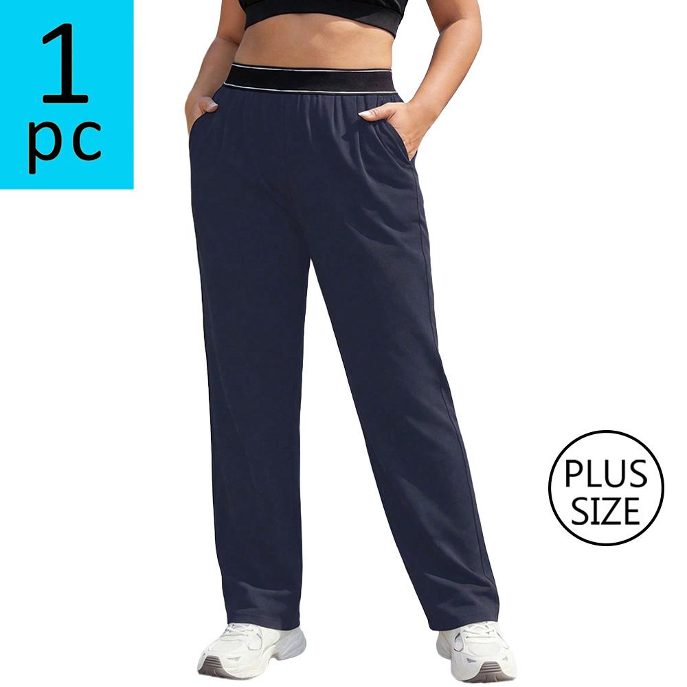 Plus-size women’s athletic casual pants with an elastic waistband and straight legs; solid color, versatile running/fitness/jogging pants; plus-size black straight-leg pants; medium stretch woven fabric; suitable for everyday wear and as a holiday gift.