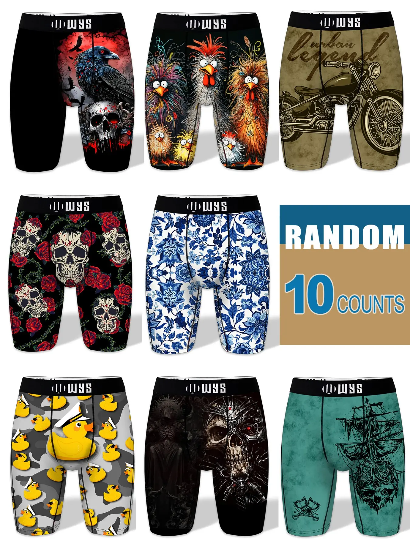 RANDOM 10PCS,Men's Long Athletic Stretchy Casual Boxer Briefs Set, Moisture-Wicking, Anti-Chafing, Quick-Dry, Halloween Skull Wolf Motorcycle Design Print, Comfortable Fit