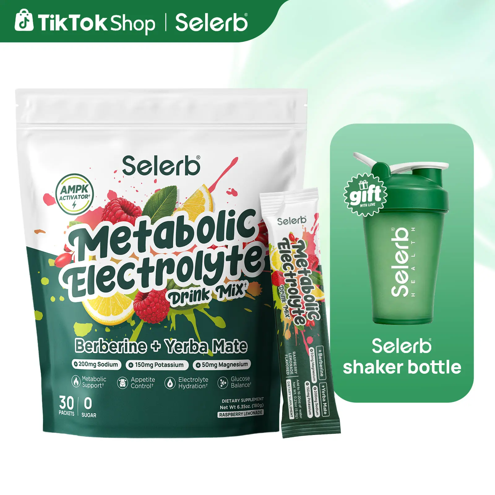 Selerb Metabolic Electrolyte Drink Mix + Shaker Bottle, Daily Support Suger Free with Berberine,Yerba Mate, Green Tea, Cinnamon, ACV, Ashwagandha, Bitter Melon, Inulin-30 Packets Raspberry Lemonade Flavor