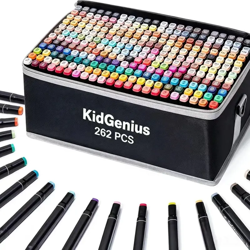 KIDGENIUS Double-End Permanent Art Markers Set - 262/168/120 Vibrant Fine Colors, Alcohol-Based, Smooth Waterproof Anti-Dry-Out Ink, Portable Pouch, Multi-Surface Supplies for Adult Coloring, Thanksgiving Use