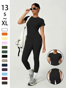 Women's High Waist Leggings & Soft Round Neck Short Sleeve Top Set, Sweatsuit Set, Comfortable Daily Wear for Home & Sport, Fitness Outfits, 2-Piece