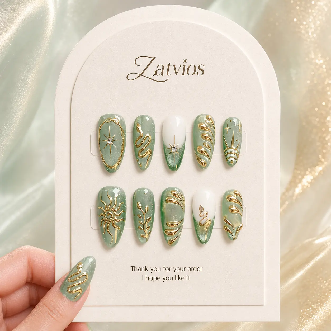 Mint Green Ombre Almond Press-On Nails, Gold Celestial & Rhinestone Accents, Glossy Reusable Nail Set, Zatvios