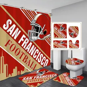 Creative San Francisco American Football Bathroom Curtain Set, Includes Toilet Cover, Bath Mat, Shower Curtain, 12 Plastic Hooks, Modern Home Decoration