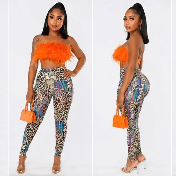 Lady's 2-Piece Breathable Loose-Fitting Exotic Taste Style Clothes, Women's Faux fur Tube Top Leggings Outfit