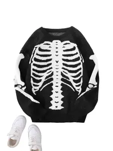 Men's Skeleton Print Round Neck Sweater Pullover, Regular Fit Casual Long Sleeve Crew Neck Jumper for Fall & Winter, Men's Knitwear Clothes for Daily Wear