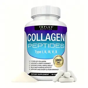 Toplux Nutrition Collagen Peptides 5 Types Complex 1800mg US Made Dietary Supplement for Health Beauty Fitness 90 Capsules