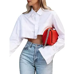 Women Cropped Button Down Shirt Asymmetric Hem Long Sleeve Collared Blouse Top