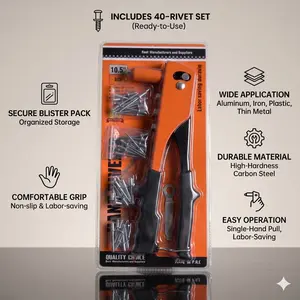 Heavy Duty 9.5" Hand Riveter Tool Kit with 40Pcs Rivets - Professional Pop Rivet Gun for Metal, Plastic & DIY, Ergonomic Non-Slip Handle, Includes Blister Case