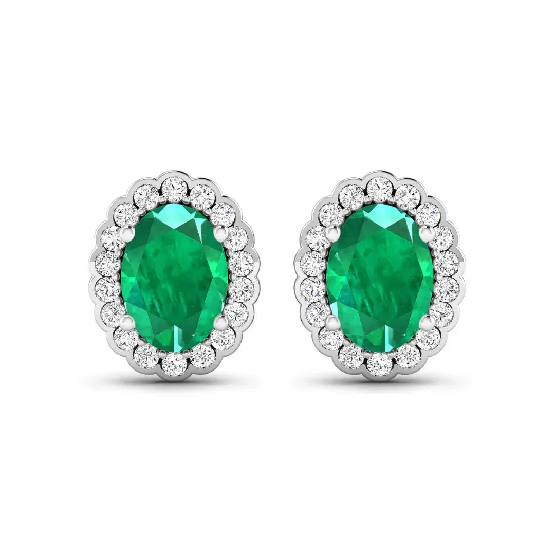 1.40 Ct Oval Green Zambian Emerald & Diamond Prong 14k Gold Halo Stud Earrings