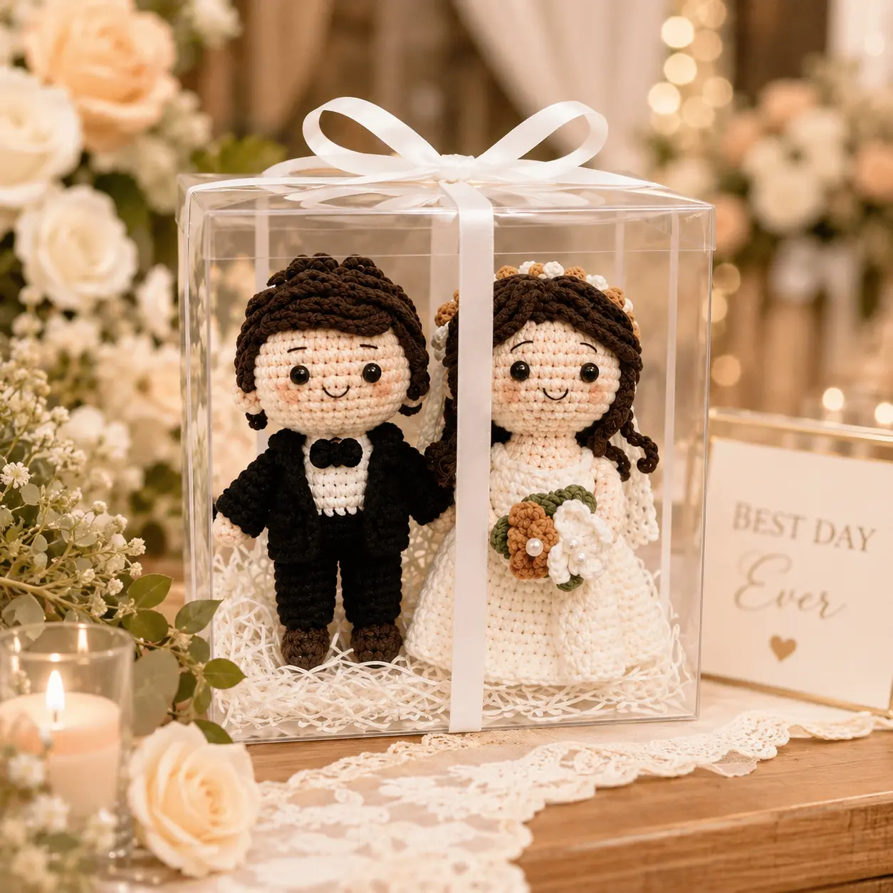 Handmade Crochet Bride & Groom Doll Set in Clear Gift Box, Amigurumi Wedding Couple Keepsake, Bridal Shower, Engagement & Anniversary Gift for Newlyweds
