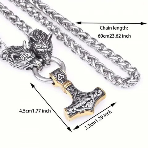 Runic Wolf Head Hammer Pendant Necklace – Hip Hop Couple Jewelry for Men & Women, Personalized Gift for Daily Wear & Special Occasions