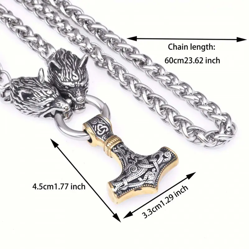 Runic Wolf Head Hammer Pendant Necklace – Hip Hop Couple Jewelry for Men & Women, Personalized Gift for Daily Wear & Special Occasions
