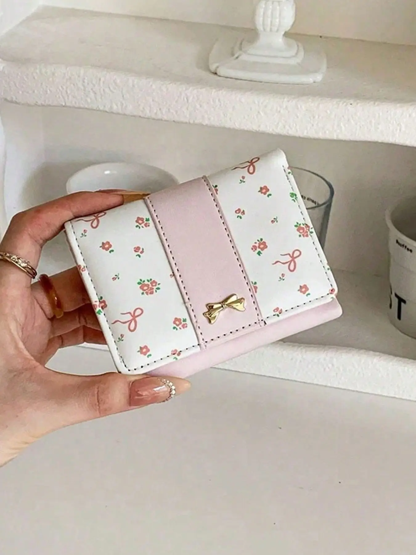 Floral Bow Decor Mini Wallet for Women, Simple Three-Fold Design, Student Style, Japanese Fashion, Cute Y2K Wallet, Small Card Holder, Card Slots Wallet, Stylish Wallet, Fashionable Wallet, Trifold Wallet, Bow Decorated Wallets