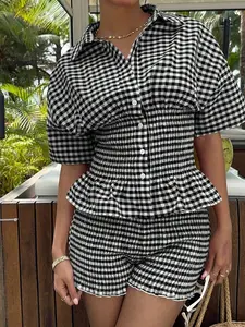 2pcs/Set Women Red Plaid Woven Ruched Waist Shirt & Shorts