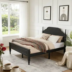 Queen Size Bed Frame (Queenbedframe) with Padded Headboard (Paddedheadboard), Vintage Curved Silhouette, Solid Wood & MDF Construction, Silent Stable Indoor Furniture, Easy Setup, Black Finish (Blackbedframe)