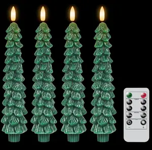 Christmas  Candles with Remote, 9.65 Inch Real Wax flameless Taper Candles, LED Candles Battery Operated with 3D Flickering Flame, Evergreen Candlesticks Christmas Decor  Tree Decoration Halloween Set Ornaments lamp night light