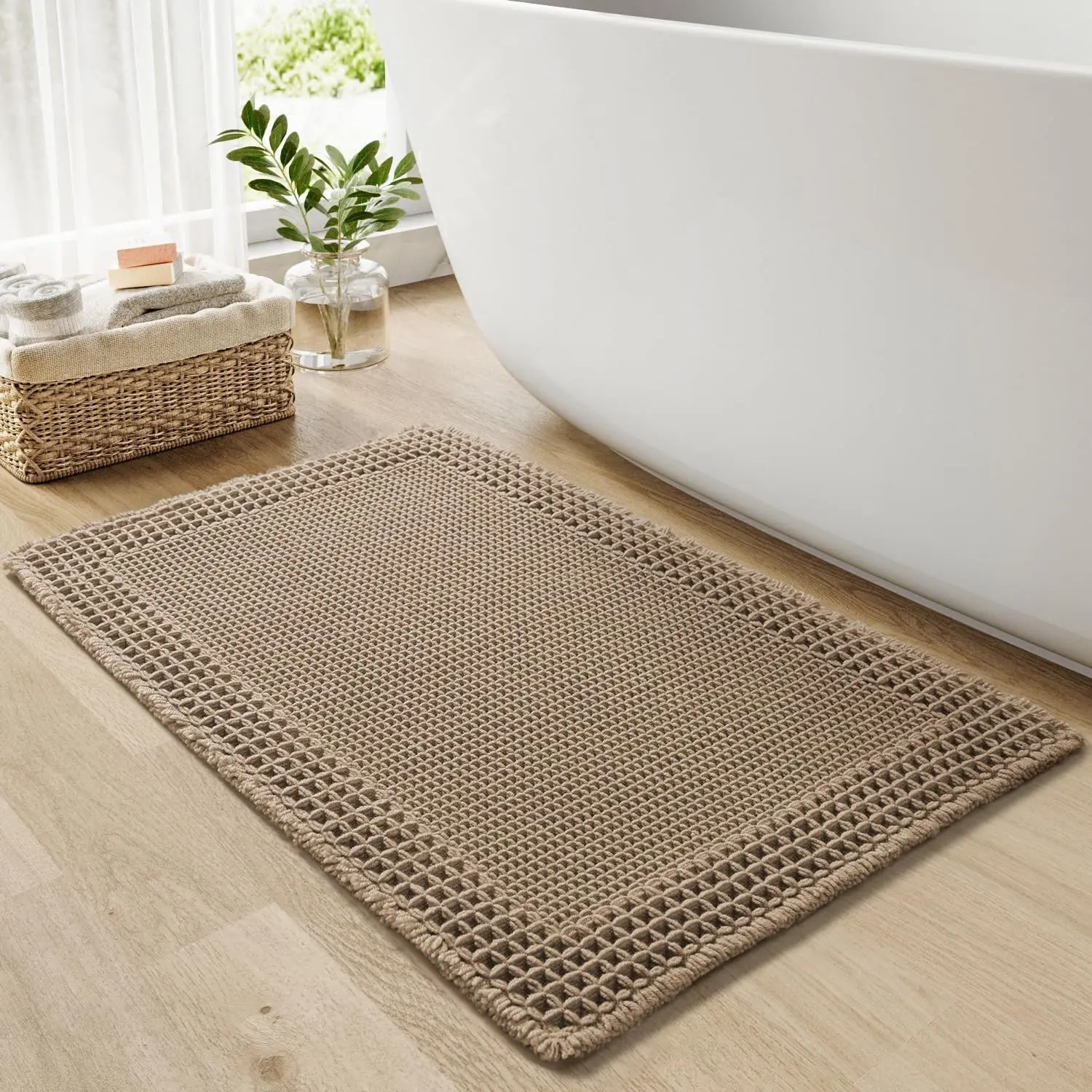 Waffle Bath Mat for Bathroom, Super Absorbent Bathroom Rugs Non Slip Machine Washable, Ultra Soft Quick Dry Boho Bath Rugs with Tassels, Farmhouse Home Decor Accessories, 17"x24" Brown