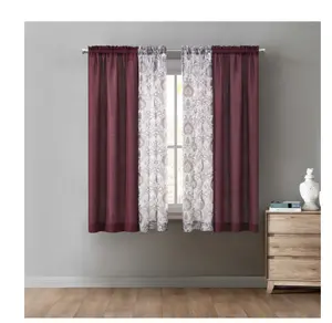 Curtain and Sheers Set, 4 Panels, Burgundy, 27.5" W x 63" L, Includes Sheers and Curtain
