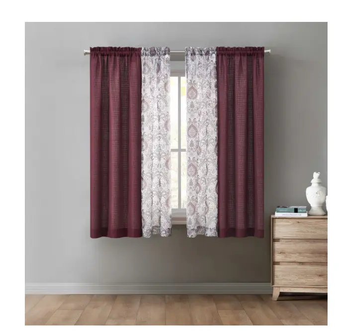 Curtain and Sheers Set, 4 Panels, Burgundy, 27.5" W x 63" L, Includes Sheers and Curtain