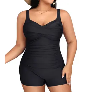 Daci Plus Size One Piece Swimsuits Boyshort Tummy Control Ruched Plus Size Bathing Suits Retro Twist Front Boyleg Swimwear