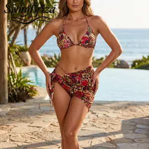 Briza｜Women's Halter Triangle Bikini Set with Sarong Wrap Red Leopard Floral Print Two Piece Swimsuit Bathing Suit Beachwear Cover Up Vacation Swimwear for Pool Beach Resort Summer, Women's Swimwear, Bathing Suit for Women, Two Piece Bathing Suit