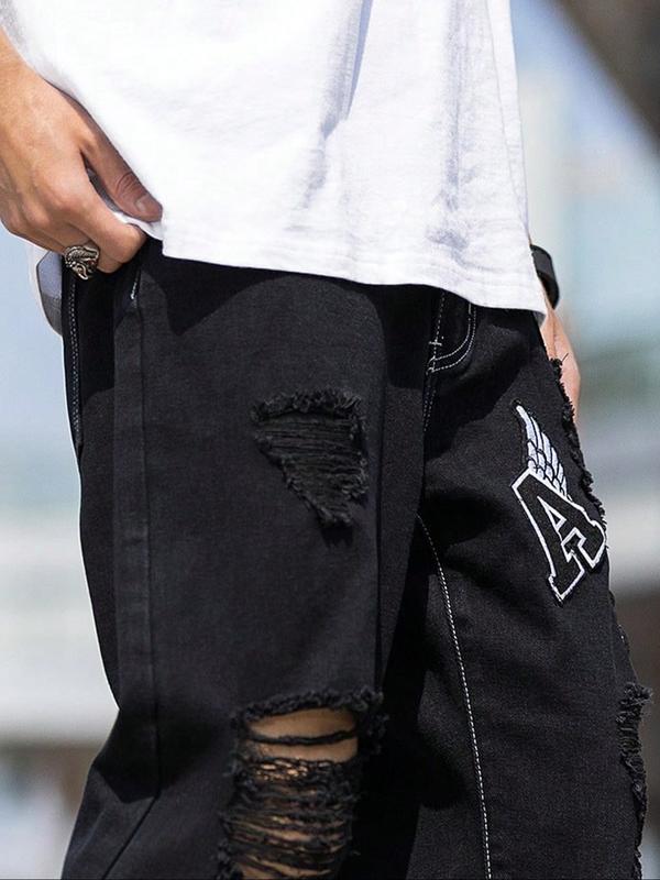 Men's Black Ripped Patched Wide-Leg Denim Jeans, Personalized Patches + Trendy Rips, a Must-Have for Street Trendsetters!