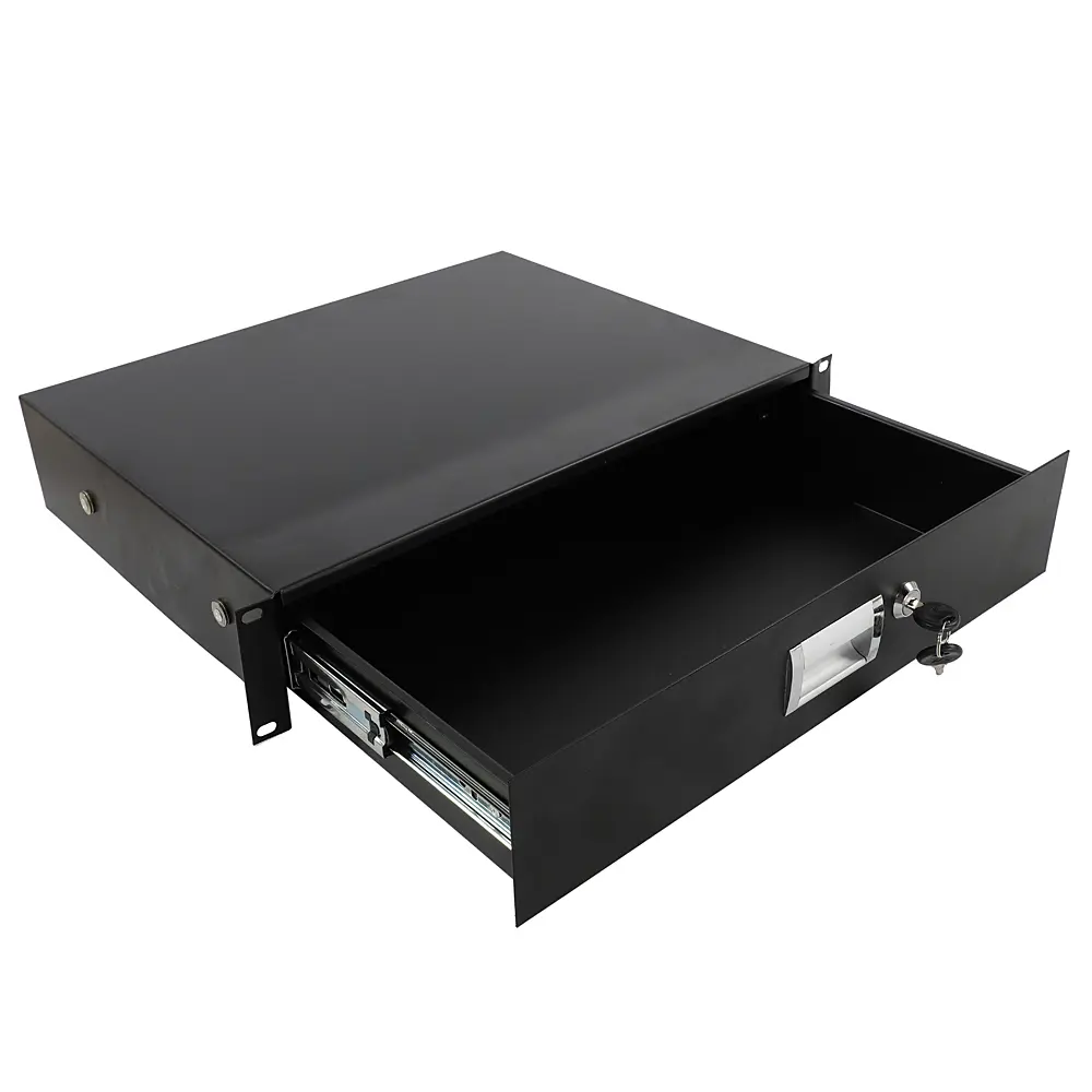 1 × DJ Drawer Equipment Cabinet with Key Lock, 2U Steel Black Cabinet for Studio/Workspace, 19.02"x13.98"x3.54", 4.6 Kg/10.14 Lbs, Universal 19" Rack Fit for Standard Audio Equipment