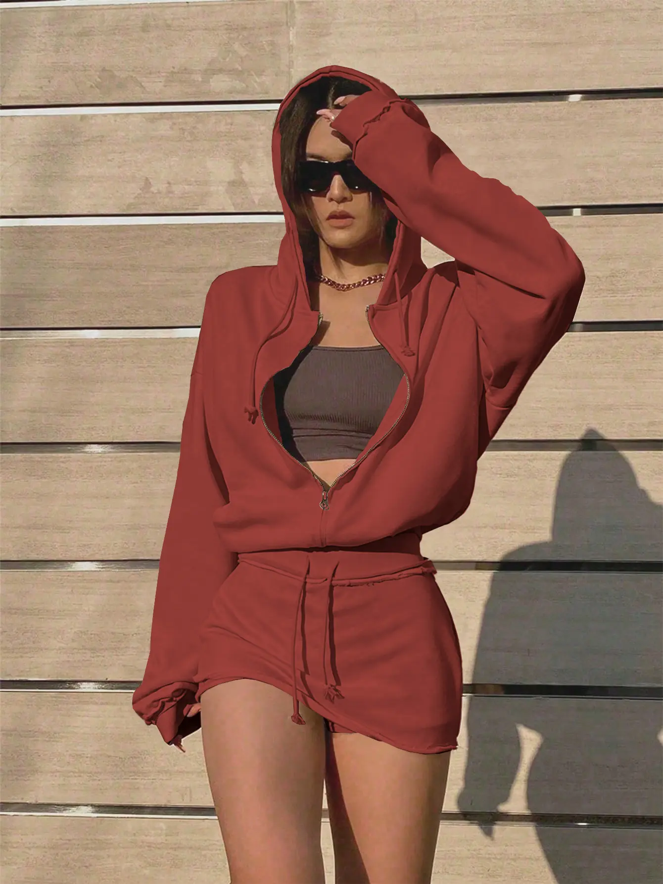 USBoutiqueCHIC Women’s Zip Up Oversized Hoodie & Drawstring Mini Skort Two Piece Tracksuit | Y2K Streetwear Athleisure Set