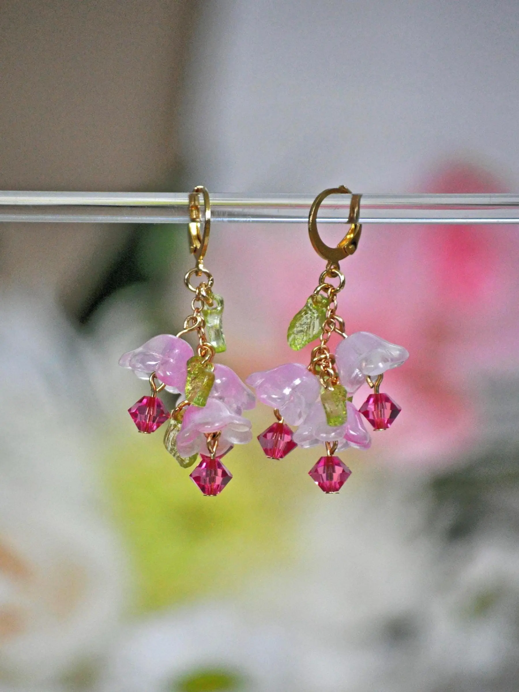 Pink Lily of the Valley Bell Flower Earrings with Glass & Crystal Beads 18k Gold-Plated Lever Backs for Spring Garden Weddings & Romantic Dates