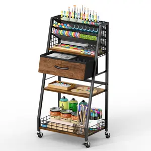 3 Tier Rolling Cart with Drawer, Utility Cart with Lockable Wheels, Multi-Functional Arts and Crafts Organizer Storage for Brushes & Paints & Artifacts, Ideal for Home Office Studio
