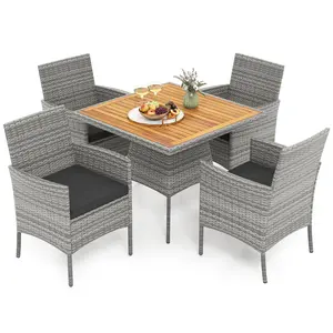 COSTWAY - 5 Pieces PE Wicker Patio Dining Set Outdoor Acacia Wood Table and Chairs-Black