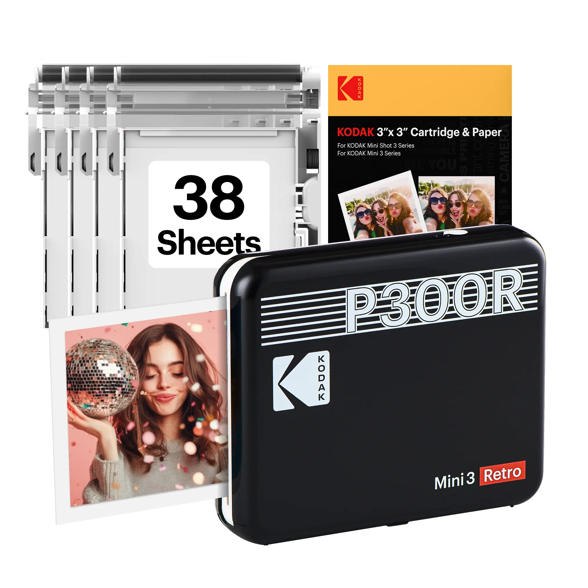 KODAK Mini 3 Retro 4PASS Portable Photo Printer (3x3 inches) 38 sheets Bundle