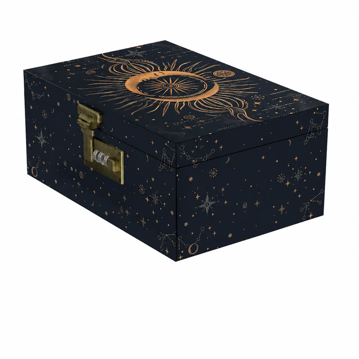SINKZAICO Large Bamboo Combination Lock Box with Compartment & Wooden Printed Decoration - Home Organiser Set for Shelf Storage, Lockable Keepsake Box for Trinkets, Coffee Beans, Tea (Sun&Moon) Great Gift Choice