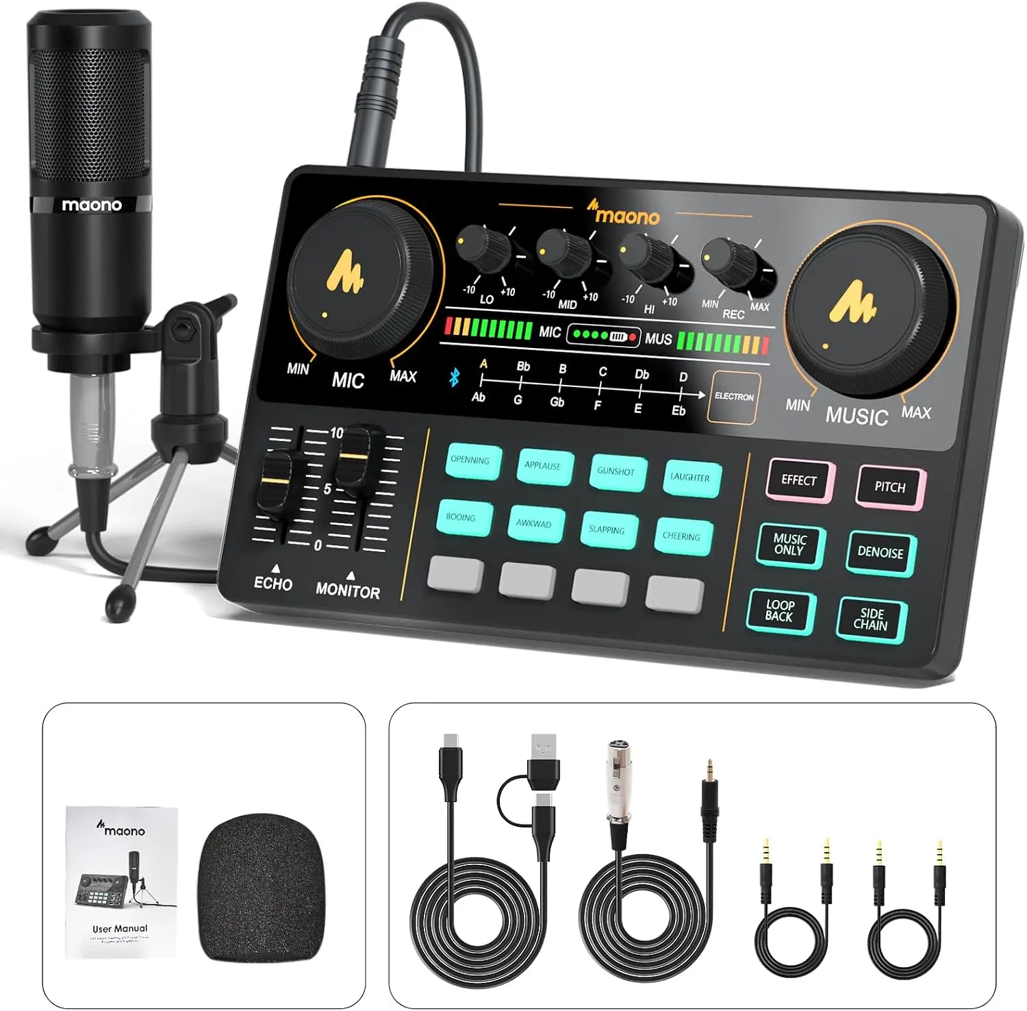 MAONO Podcast Mixer Bundle with Microphone, USB Audio Interface for Streaming, Live Recording, YouTube, Twitch, PC & Smartphone, Voice Effects Soundboard
